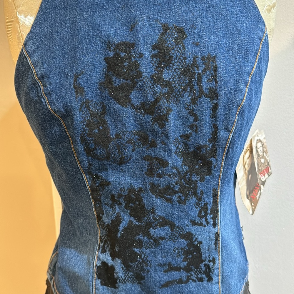 XOXO Denim Halter Glitter Black Design Open Back Strap Funky Top L NWT - Picture 5 of 15